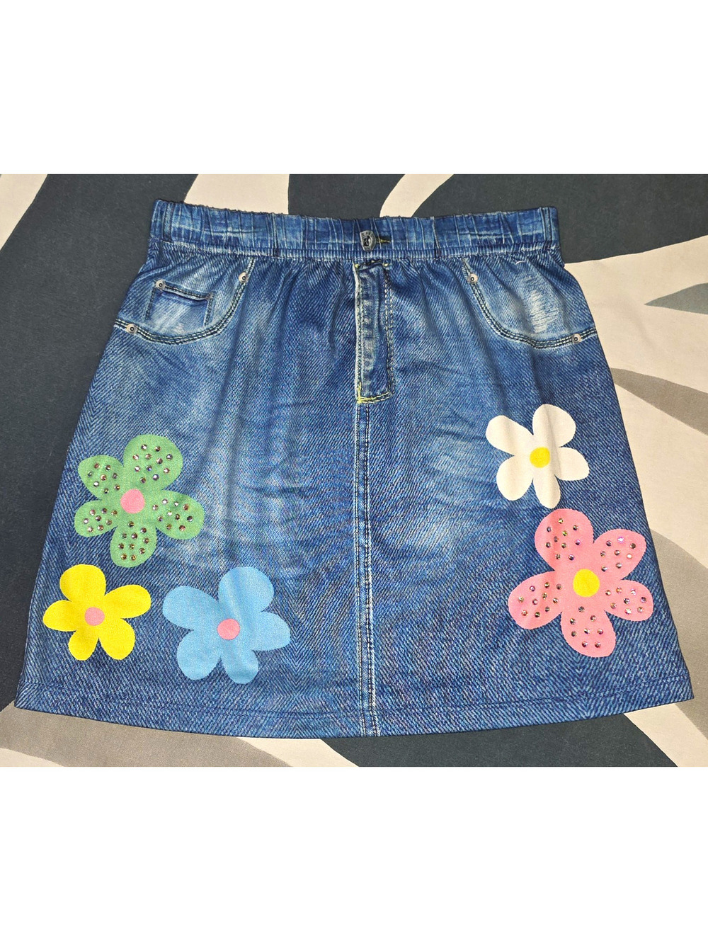Sara Sara Girls Size 6 Blue Denim Floral Appliqué Elastic Waist A-Line Skirt